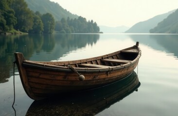 Obraz premium Tranquil wooden rowboat on serene mountain lake at dawn