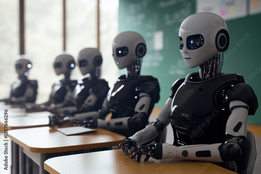 Poster robots engaged in a classroom setting discussing artificial intelligence concepts