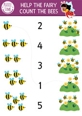 Match the numbers fairyland game with bees and flowers. Woodland fairy bug math activity for preschool kids. Fairytale educational counting worksheet with cute insects
