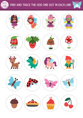 Find the odd one out. Fairyland logical activity for kids. Magic forest educational quiz worksheet for attention skills. Printable game with cute fairy, fantasy animals, fairytale objects, butterflies