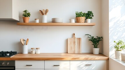 Cozy and Minimalist Kitchen Corner with Wooden Shelves and Natural Lighting