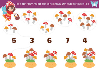 Match the numbers fairyland game with fairy gathering mushrooms. Woodland princess math activity for preschool kids. Fairytale educational counting worksheet with toadstools and fly agarics