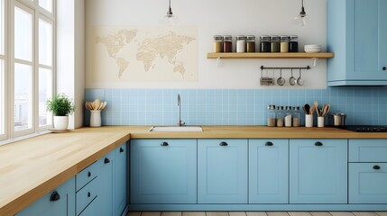 Spacious and Vibrant Modern Kitchen with Wooden Countertops and Blue Cabinets