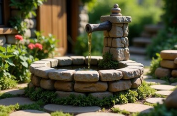 Rustic stone fountain in lush garden with flowing water and vibrant flowers