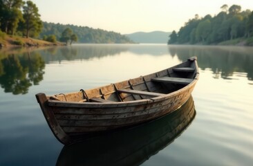 Fototapeta premium Serene wooden rowboat on calm lake with forested mountains in misty morning light