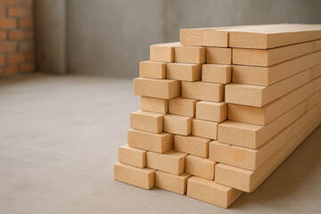 Neatly stacked lumber on concrete floor in construction site

