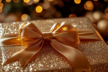 Close up of gold ribbon on a shimmering gold wrapped holiday gift box