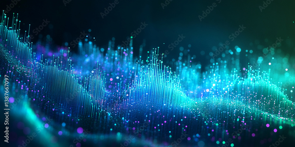 Poster abstract blue and teal glowing particles form a dynamic wave, suggesting energy, technology, or data