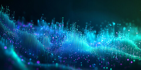 Obraz premium Abstract blue and teal glowing particles form a dynamic wave, suggesting energy, technology, or data flow, ideal for tech or science concepts