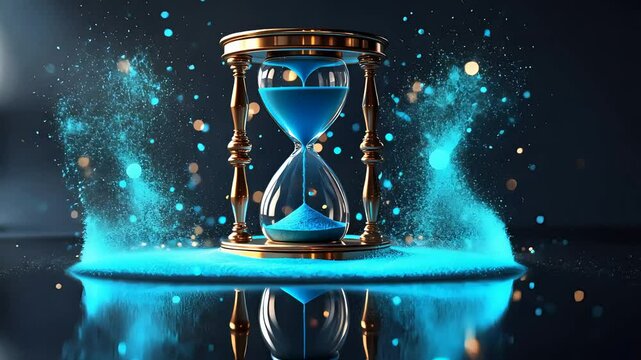 Classic hourglass with glowing blue sand particles dispersing on glossy black surface in dramatic lighting and high-speed freeze motion

