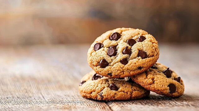 Delicious chocolate chip cookies stacked on a rustic wooden table
