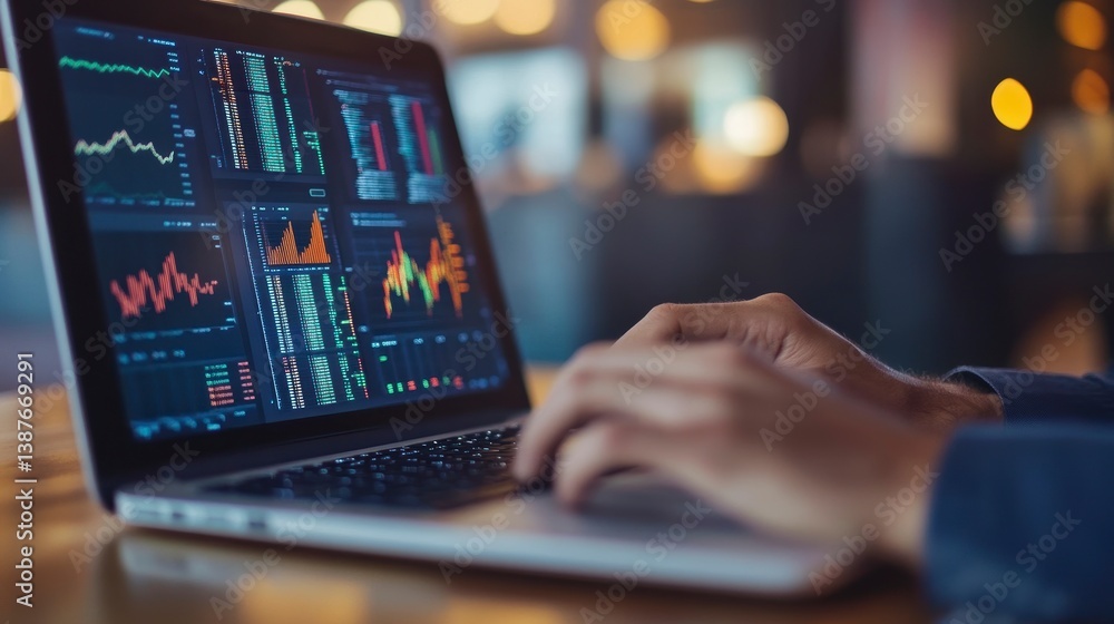 Poster Close-up of hands using laptop displaying financial charts and graphs in a dimly lit cafe.
