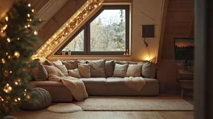 Fototapeta premium frame loft living room with cozy neutral couch and warm lighting