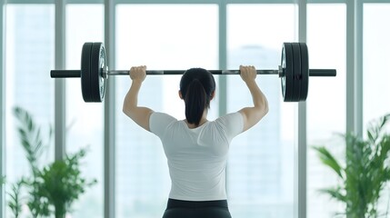 Fototapeta premium Determined Woman Lifting Barbell in Fitness Studio with Natural Lighting