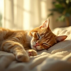 Orange Tabby Cat Sleeping Peacefully on a Soft Cream Blanket