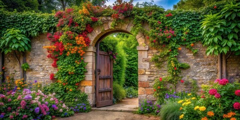 Fototapeta premium Ancient stone gate overgrown with lush green ivy and vibrant colorful flowers spilling out from the cracks , overgrown gate, garden gate