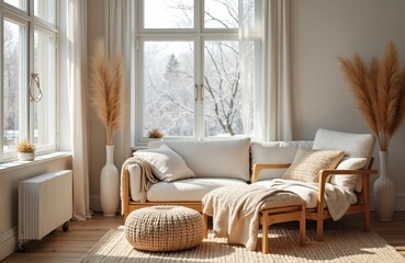 Fototapeta premium Cozy Scandinavian living room with natural light. White sofa, rattan lounge chair, wicker pouf create inviting atmosphere. Sunlight, winter view through window create calming, relaxing vibe of home.
