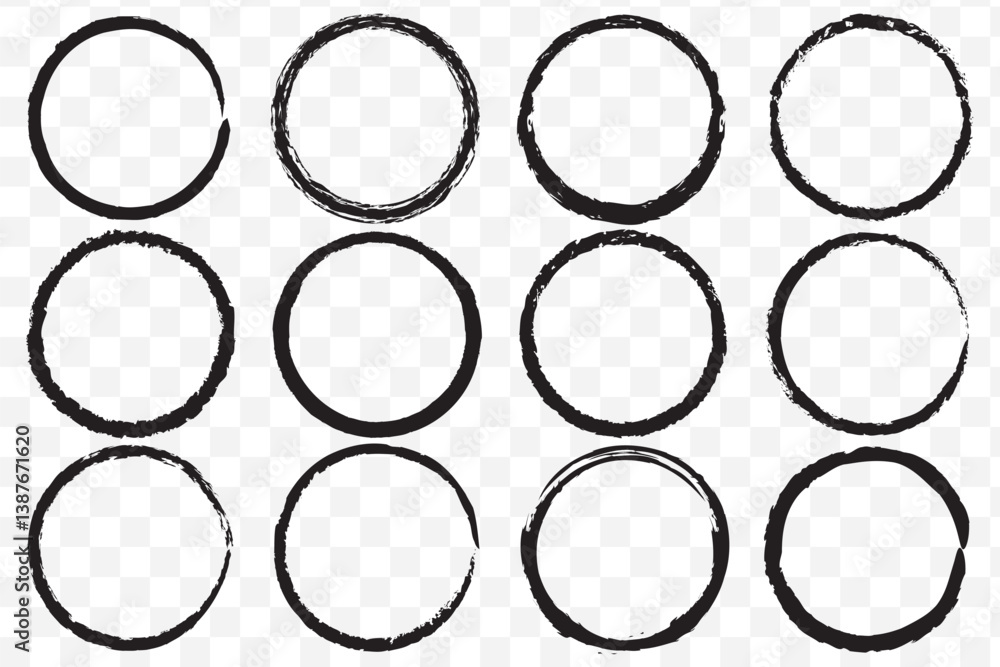Poster a collection of black grunge circular shapes on a transparent background, featuring paintbrush style
