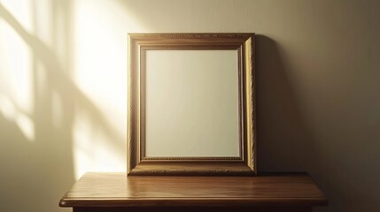 Gold picture frame mockup on wooden table with sunlight shadows for product display and presentation