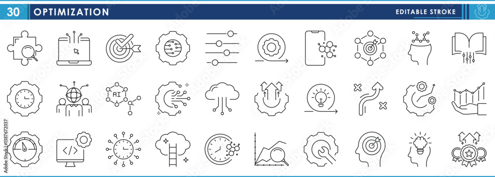 Poster a set of line icons related to optimization. optimization, setting, gear, book, graph, and so on. ve