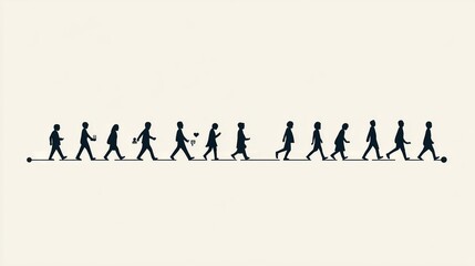continuous line of stick figures walking across a minimalist timeline, each figure holding a small icon representing social interactions 
