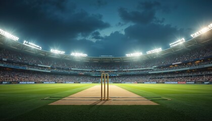 Cricket stadium with wicket and green field. Professional sport arena full of spectators, spectators watching game. Competition, sport, recreation, entertainment background.