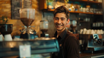 Cheerful barista wearing apron standing behind counter at coffee shop and looking at camera.