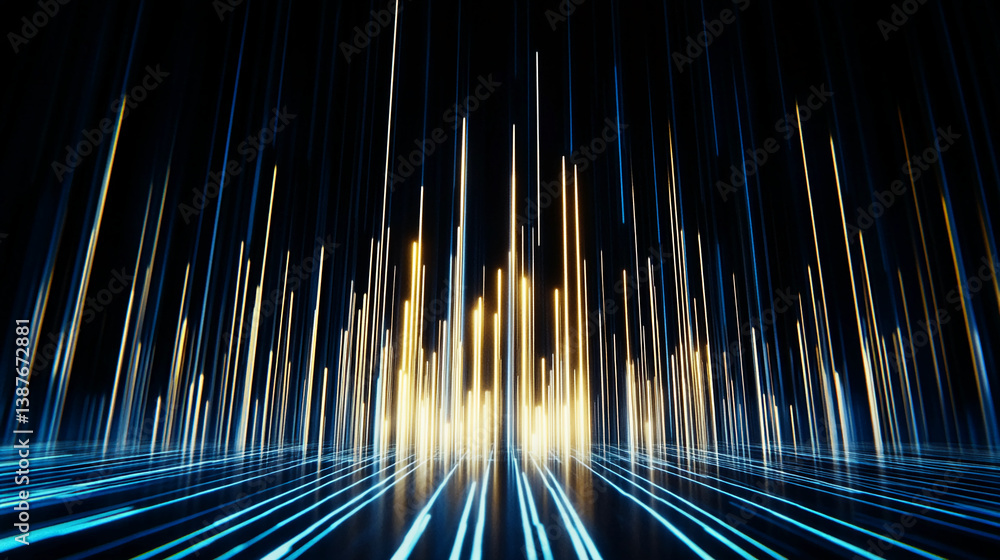 Poster abstract image of vertical blue and gold lines on dark background, creating a dynamic and futuristic