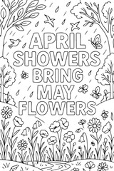 April Showers Bring May Flowers quote outline &ndash; Simple Line Art Rainy day Spring Printable design for Kids & Adults Coloring Page.