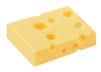 Emmental cheese block isolated. Swiss holey maasdam cheese on white background close up. .