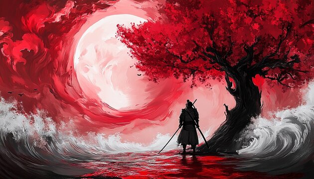 Naklejki A lone samurai stands beneath a crimson tree, silhouetted against a dramatic red moon and crashing waves.  A scene of intense beauty and solitude.