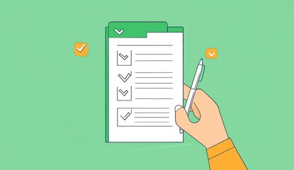 A hand holding a pen and a checkmark on a green checklist box with a checkmark icon, with a floating page document for a railway company to present its service quality. 