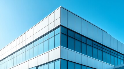 Modern corporate building exterior with glass windows and blue sky for commercial real estate design