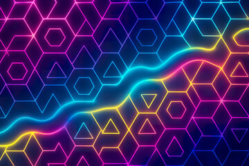 Vibrant neon geometric grid pulsating across dark digital background with glowing symmetry