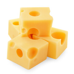 Emmental cheese cubes isolated. Swiss holey maasdam cheese stack on white background close up.