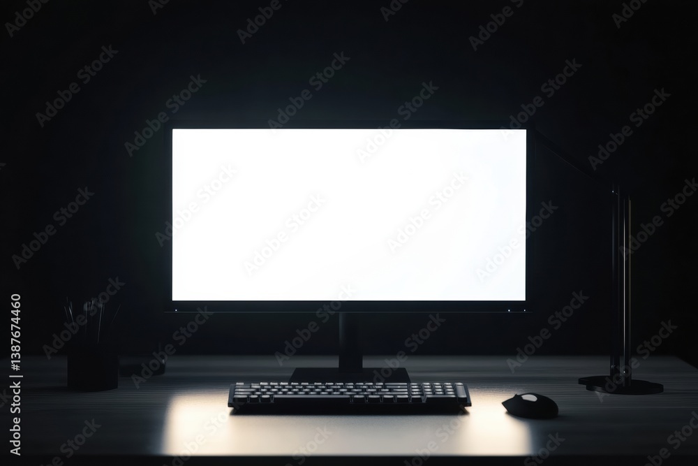 Poster Sleek desktop monitor with bright white screen in a minimalistic workspace featuring soft shadows and a professional style