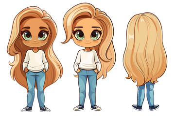 Vector set of cute little girl with different hairstyles in different poses