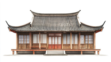 Obraz premium Traditional Chinese house with curved roof on white background