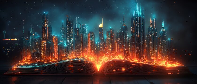 Futuristic city ablaze, rising from a book.