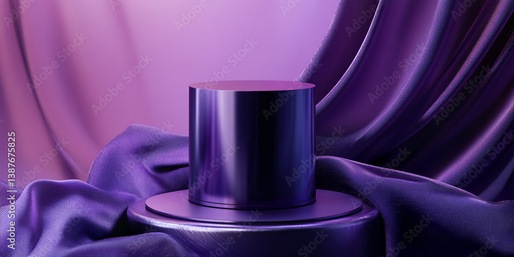 Poster purple cylindrical podium on a purple fabric backdrop, creating elegant and luxurious display scene,