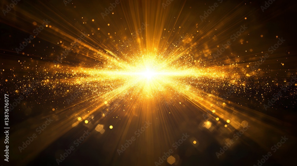 Poster Golden light burst with sparkles and bokeh effect on dark background.
