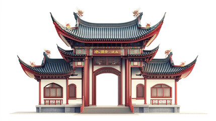 Fototapeta premium Traditional Chinese architecture with ornate roof design on white background