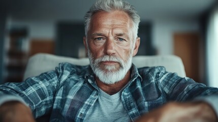 An older man with a well-groomed beard sits confidently in a cozy indoor setting, highlighting age with elegance while radiating a sense of calm and wisdom.