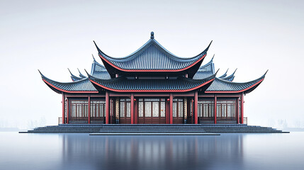 Obraz premium Traditional Chinese architecture with serene water reflection