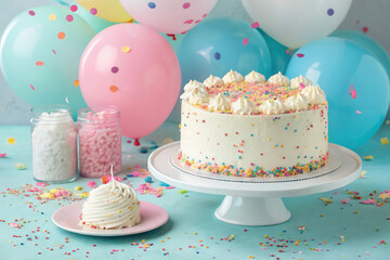 A delightful funfetti cake bursting with colorful sprinkles, surrounded by matching balloons and playful confetti for a lively celebration.