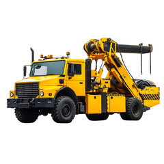 A Yellow Tow Truck with Large Winch Towing a Vehicle Isolated on Transparent Background