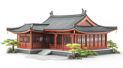 Obraz premium Traditional Chinese house with curved roof and red wooden structure