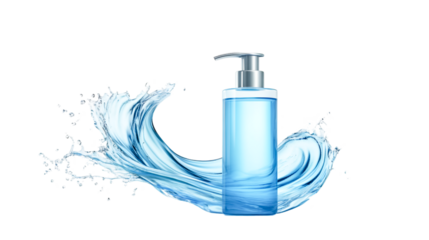 Refreshing Blue Liquid Soap Bottle Surrounded by Water Splash Clean and Pure