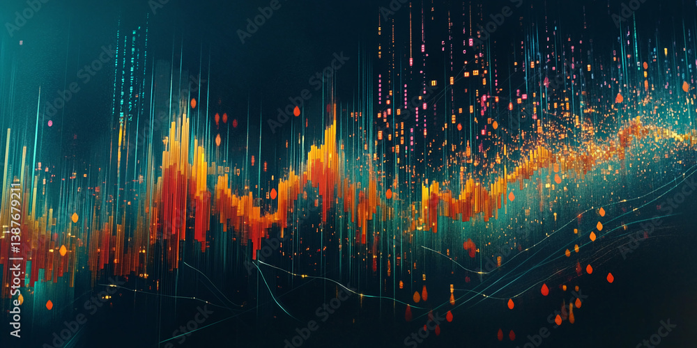 Poster abstract image with orange and teal vertical lines, resembling data visualization or a cityscape at 