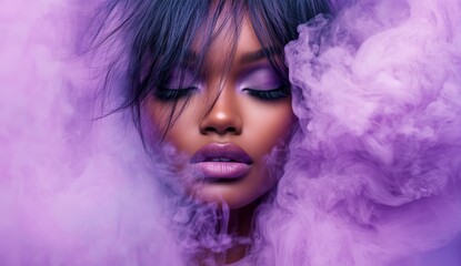 Beautiful woman with closed eyes in artistic purple smoke surrounding face